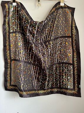 Vintage Printed Scarf Brown Dots 70s Twiggy Whimsical Festival Boho Purse Tie